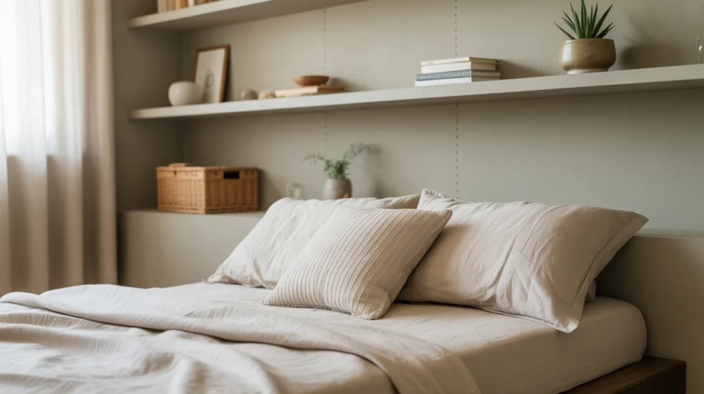 Minimalist storage with floating shelves and woven baskets keeping the bedroom clutter-free