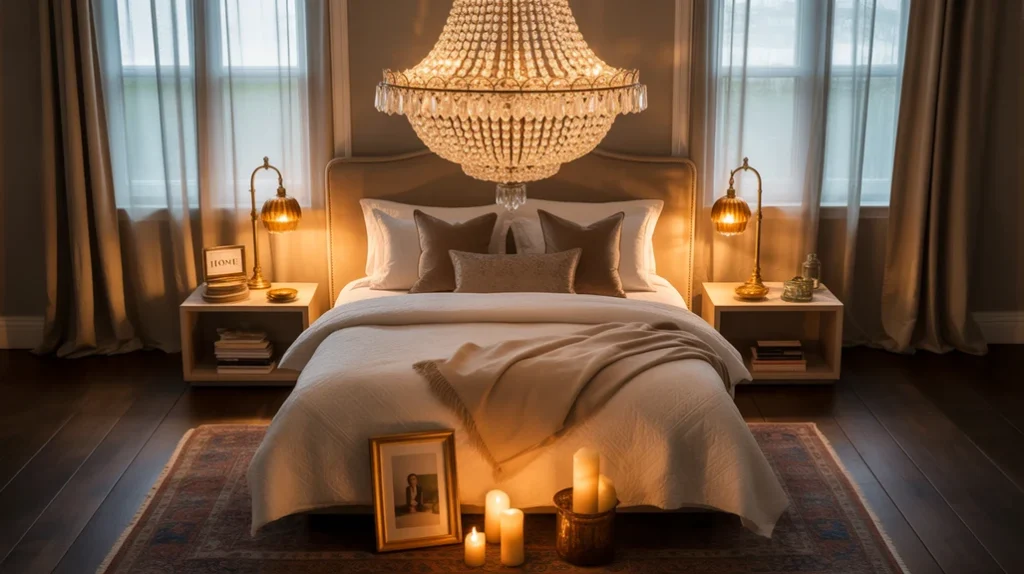 Layered farmhouse lighting with chandelier, bedside lamps, and candles in bedroom design.