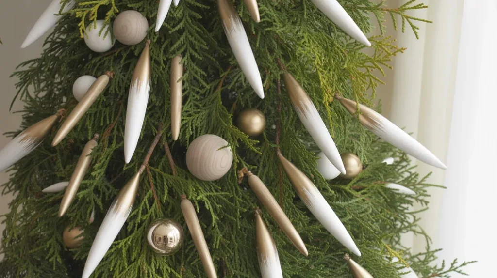 “painted pine and cedar branch accents for modern Christmas tree styling”