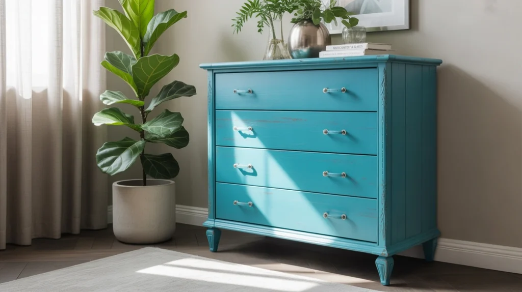 Painted turquoise furniture adding personality to eclectic bedroom design.