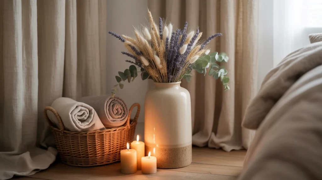 “Bedroom corner with candles, ceramic vase, woven basket, dried flowers, calm cozy styling”