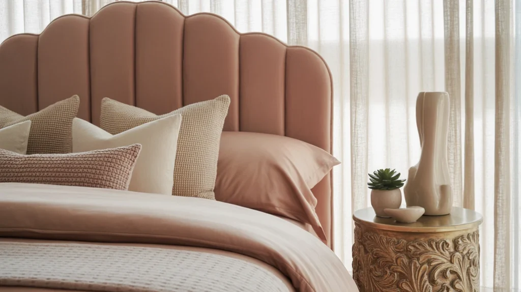Elegant pink and brown bedroom for adults with gold details and blush pillows