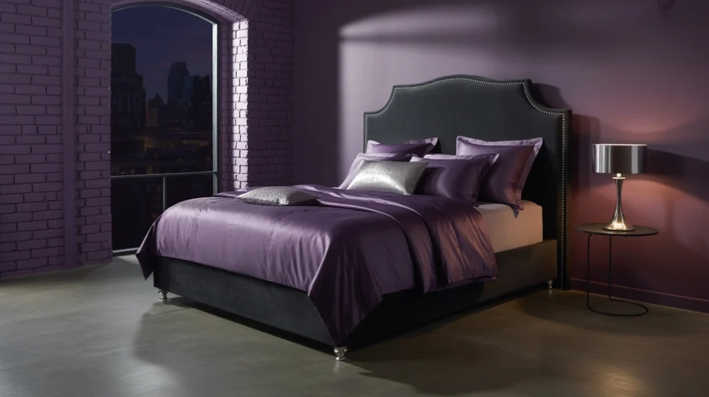 Deep purple walls and black furniture for a bold, dramatic aesthetic in modern purple bedroom ideas.
