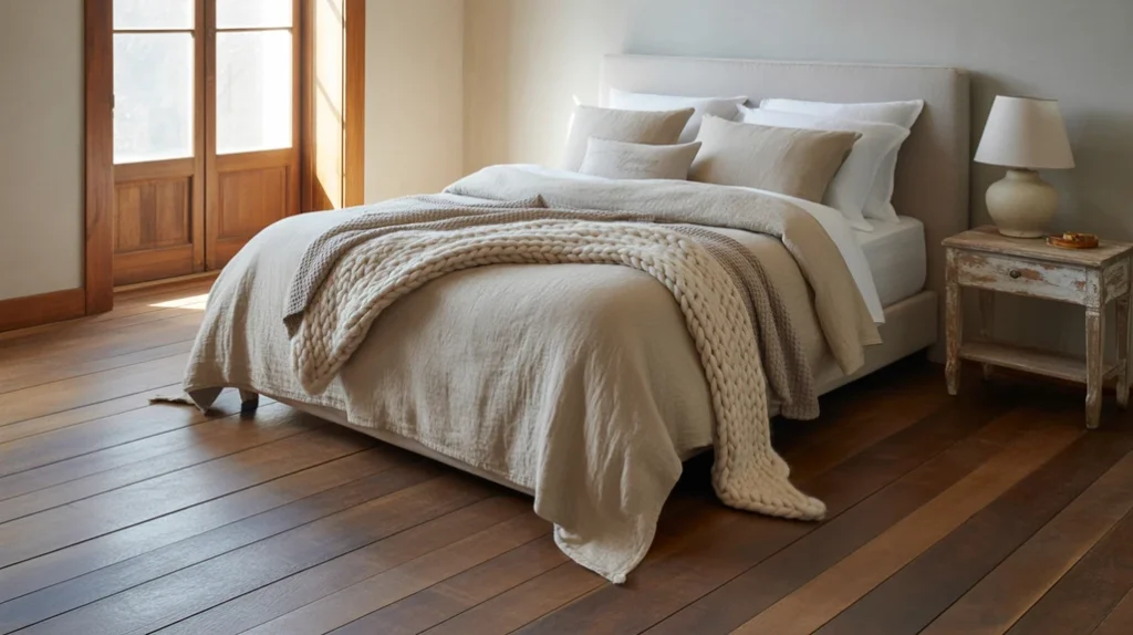 Rustic bedroom wide plank wood floor with farmhouse furniture and neutral bedding