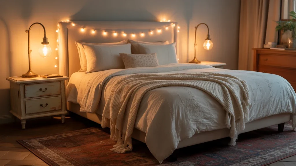 Soft ambient lighting and bedside lamps create a warm, relaxing glow in cozy cottage bedroom decor.