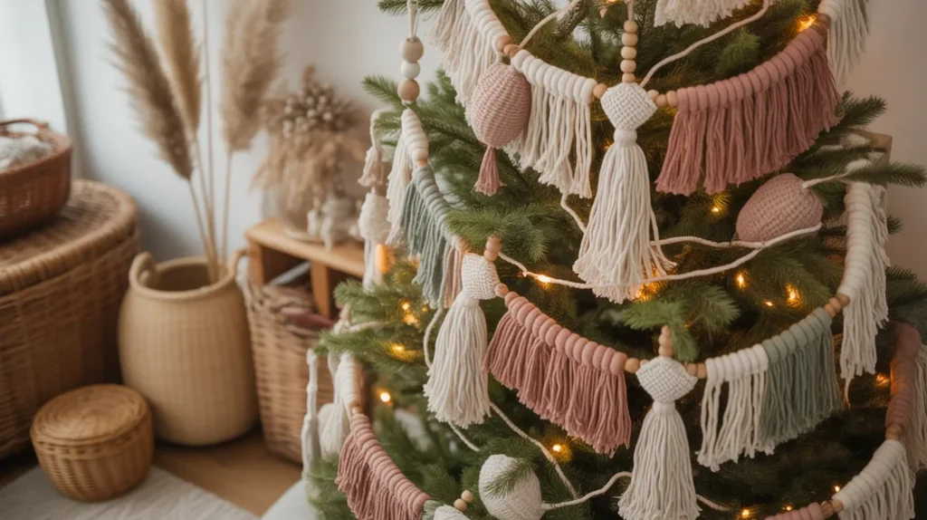 Boho tree decorated with tassels and fringe garlands.