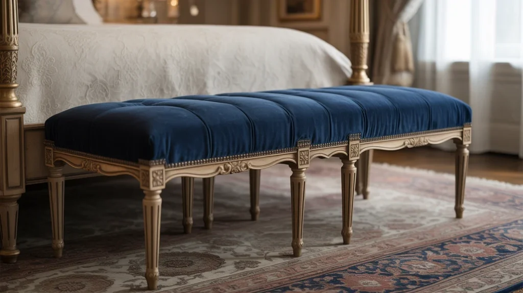 Navy blue velvet bench at the foot of the bed.