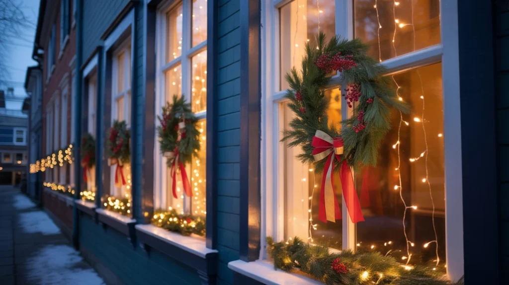 Windows with wreaths and fairy lights for cozy Christmas living room decoration