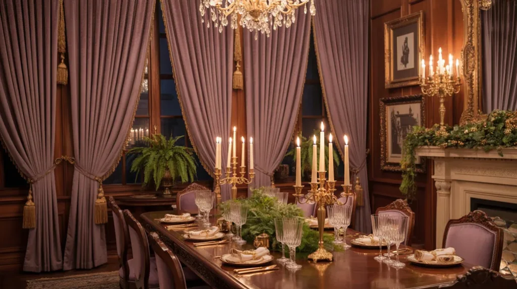 plum and gold festive color palette featuring velvet decor, golden lighting, and elegant holiday details.