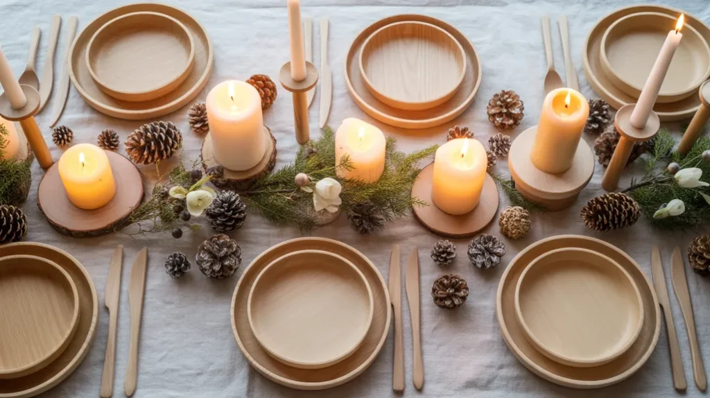 Scandinavian table centerpiece with pinecones, linen table runner, and candles for a simple cozy holiday setting.