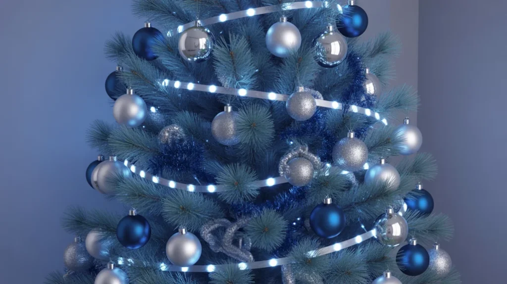Blue and silver Christmas tree illuminated with cool white LED lights, silver tinsel, and metallic accents for a sleek modern glow.