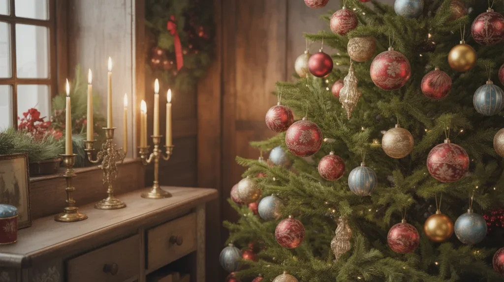 Red-Gold-and-Faded-Blue — Red, gold, and faded blue Christmas palette, nostalgic storybook holiday design