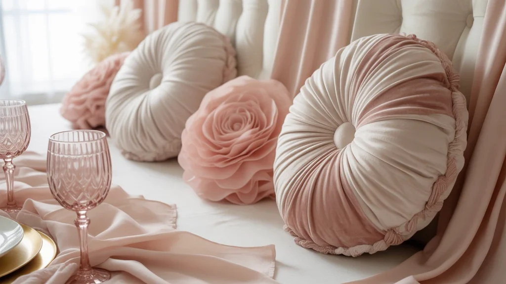 White and blush minimalist Christmas palette with velvet ornaments and rose-tinted glass accents.