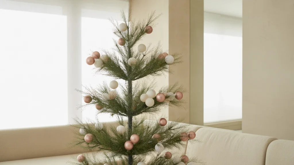 Asymmetrical minimalist Christmas tree design with clustered ornaments for an artistic modern look.