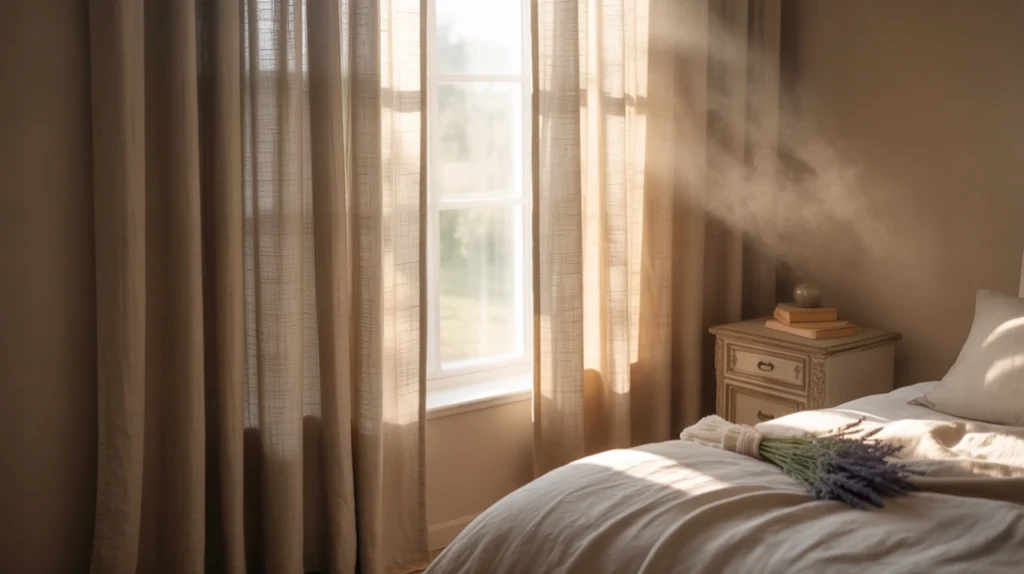 “Personal touches in bedroom decor including books, candles, and family photos