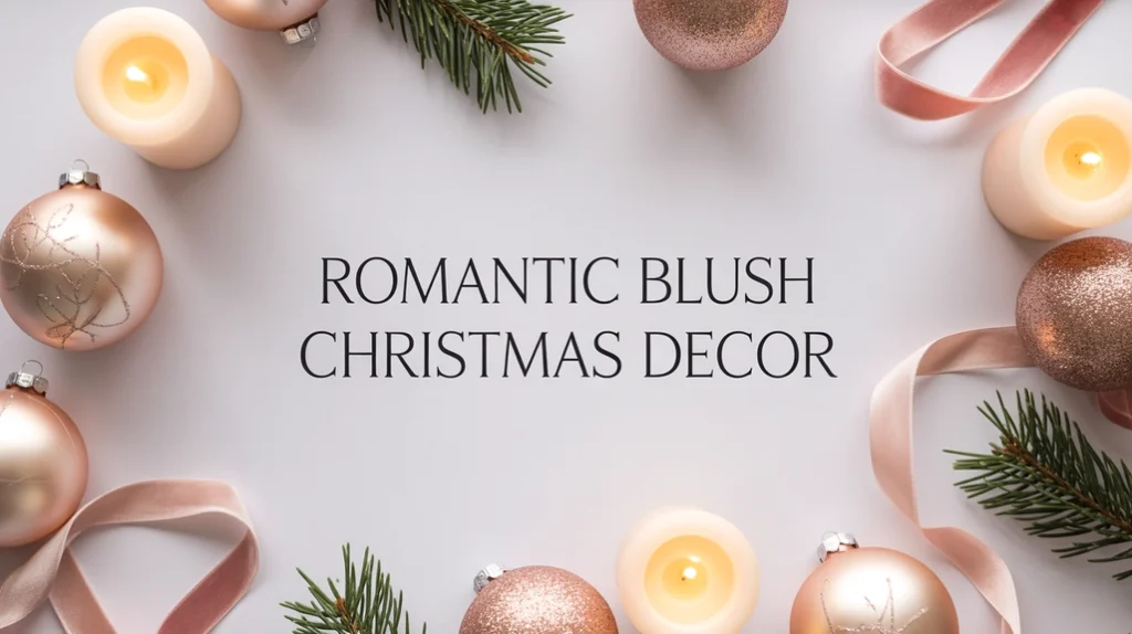 Flat lay of romantic blush Christmas ornaments, candles, and velvet ribbons in a cozy pastel holiday theme.
