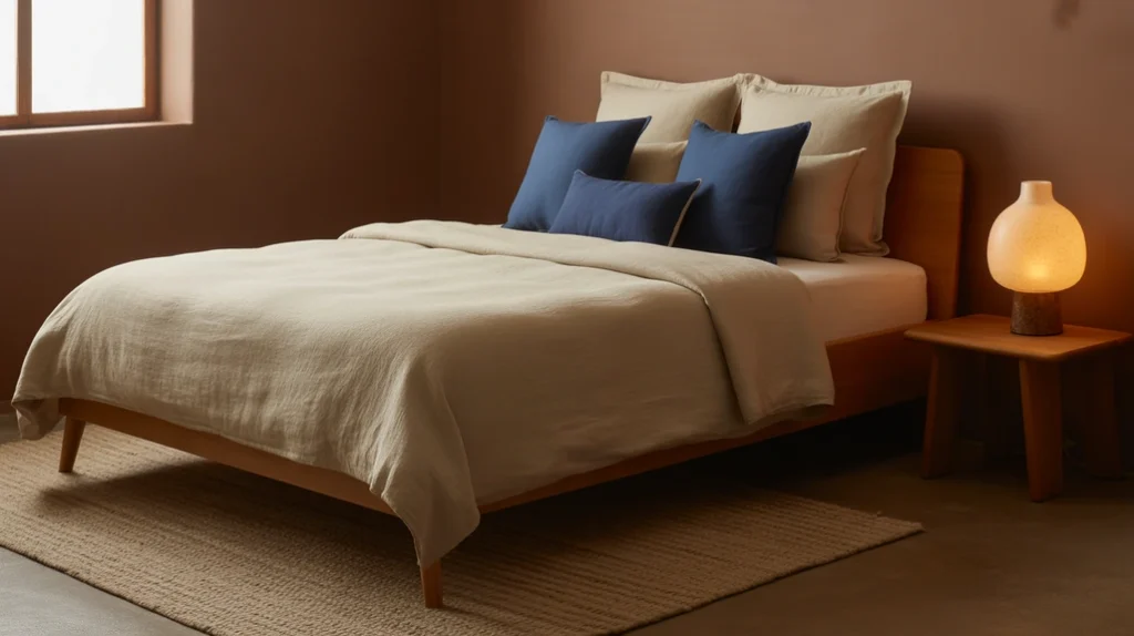 Brown bedroom with blue cushions and wooden furniture for balanced style