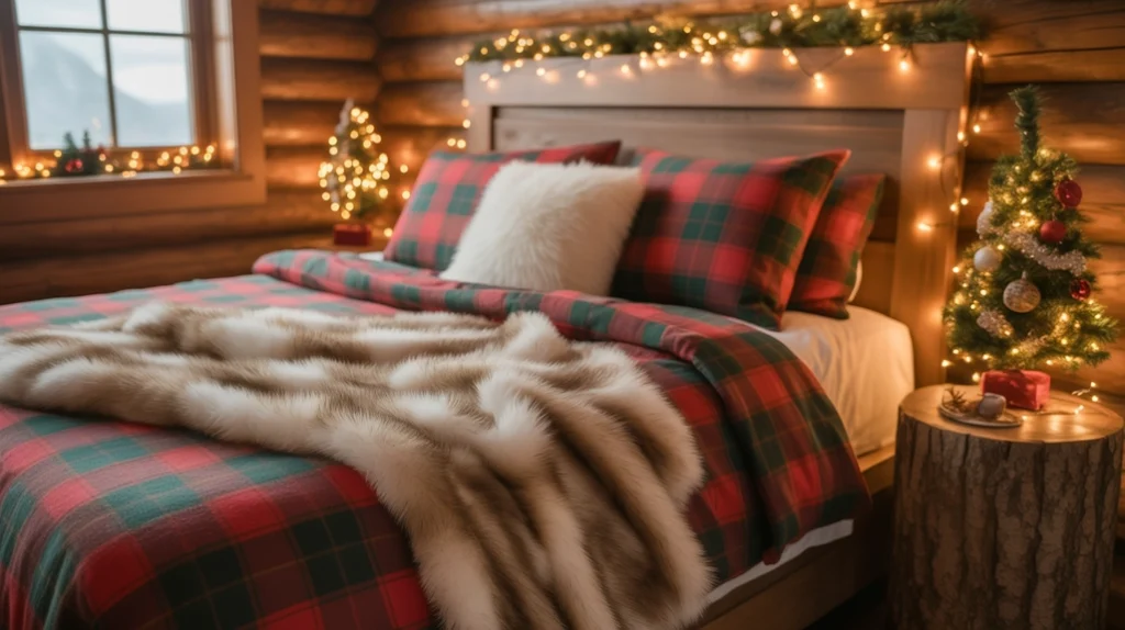 Cozy cabin bedroom with flannel bedding, fairy lights, and mini Christmas tree
