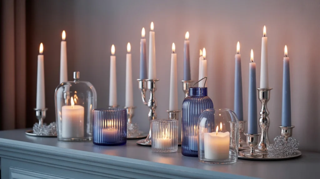 Cluster of blue and white candles in silver holders adding cozy light to a festive winter setting.