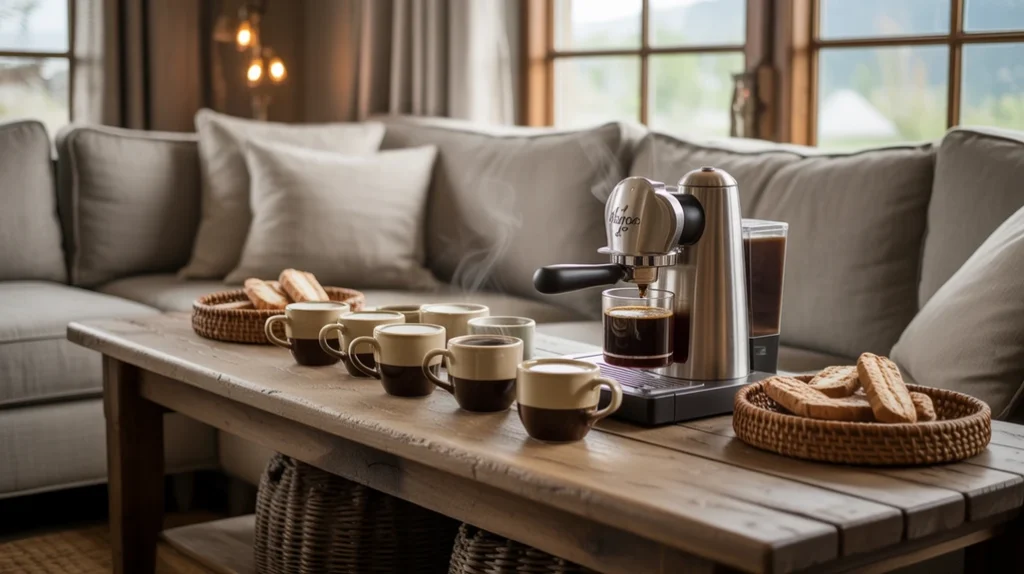Rustic farmhouse coffee bar setup with console table, mugs, and woven trays