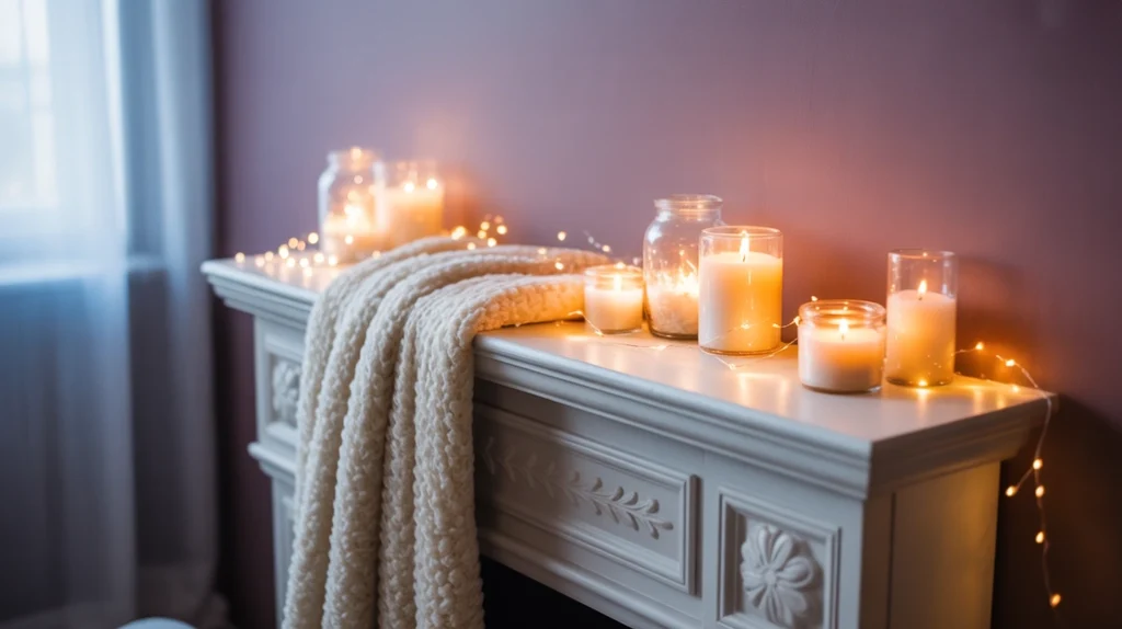Cozy moody bedroom with faux fireplace and warm candlelight.