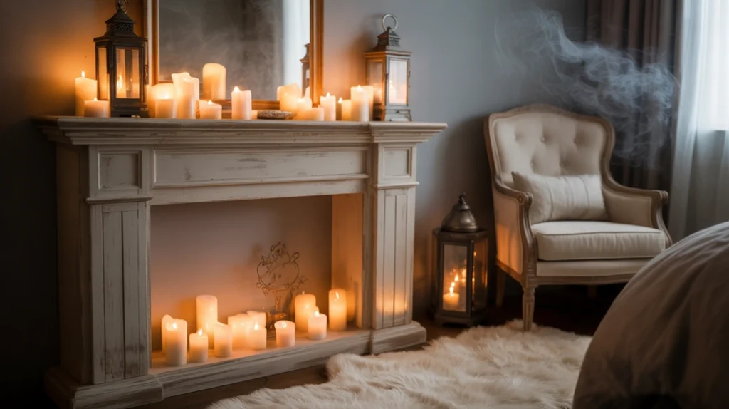 Romantic bedroom with fireplace glow creating warmth and intimacy.