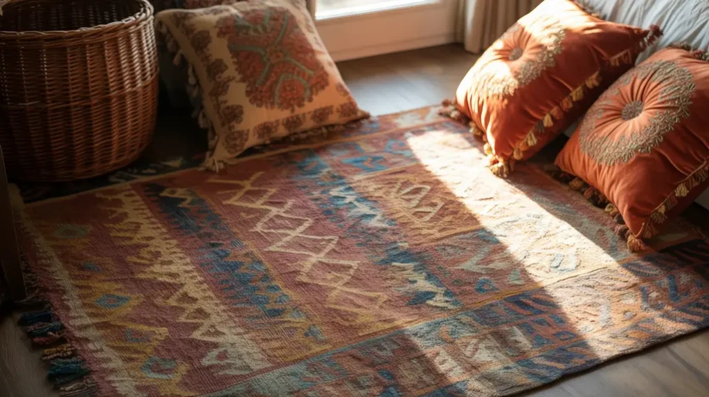 Global textiles like kilim rugs and embroidered cushions enriching eclectic bedroom design ideas.