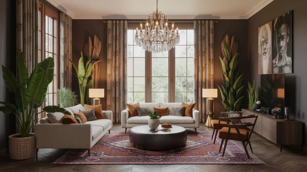 “High ceiling bohemian living room with oversized plants, long curtains, and chandelier