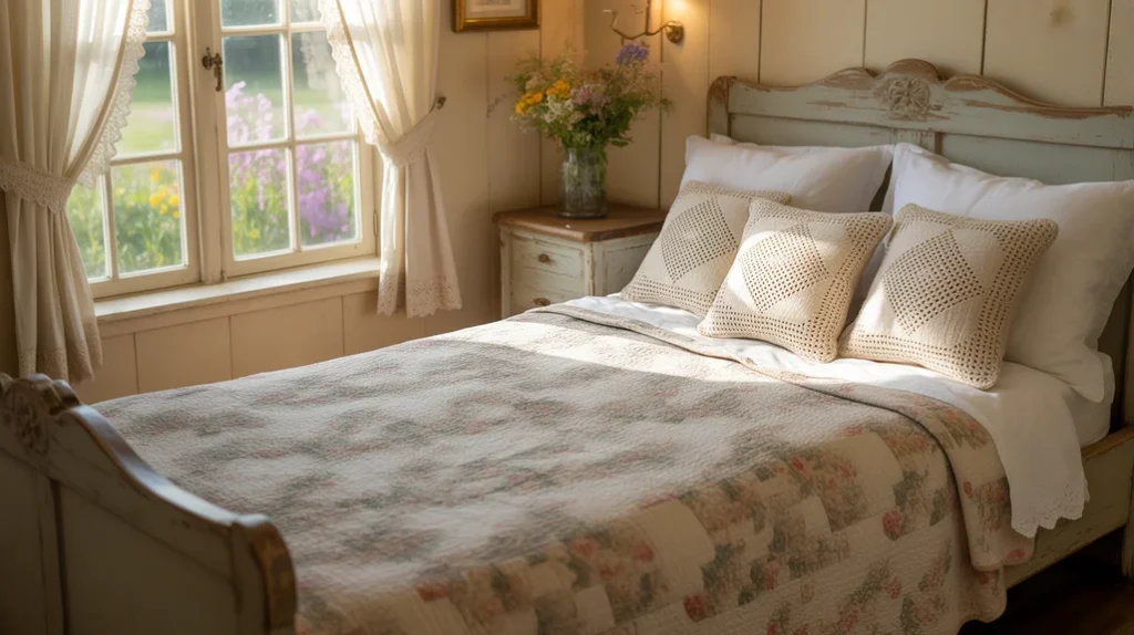 Lace and crochet details add delicate charm to this cozy cottage bedroom style.