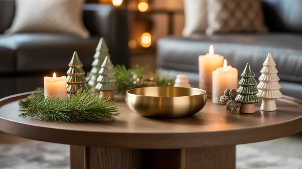 Coffee table styled with candles, pine sprigs, and elegant modern Christmas decor.