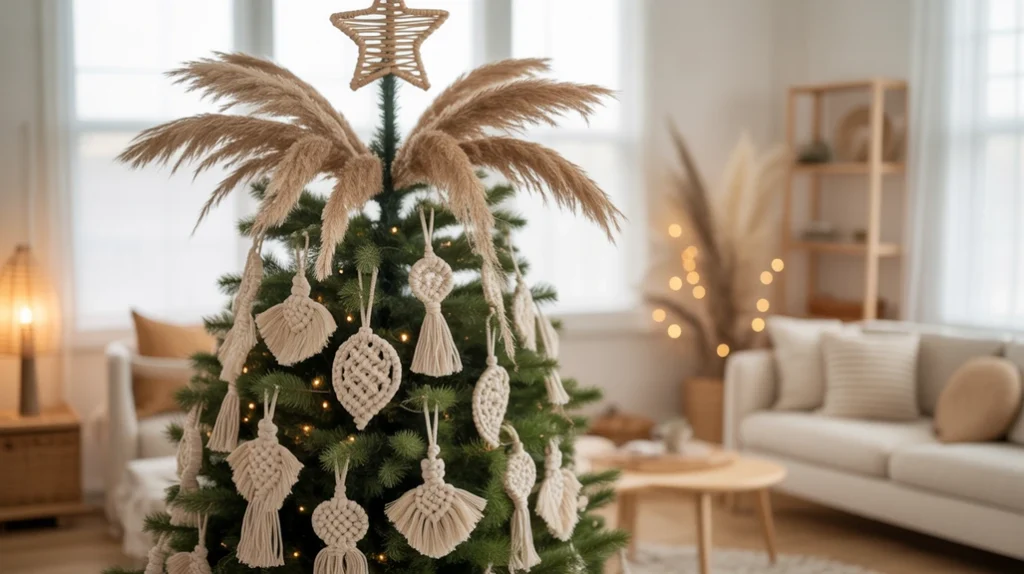 Tree topper with rattan star and pampas grass, boho style.