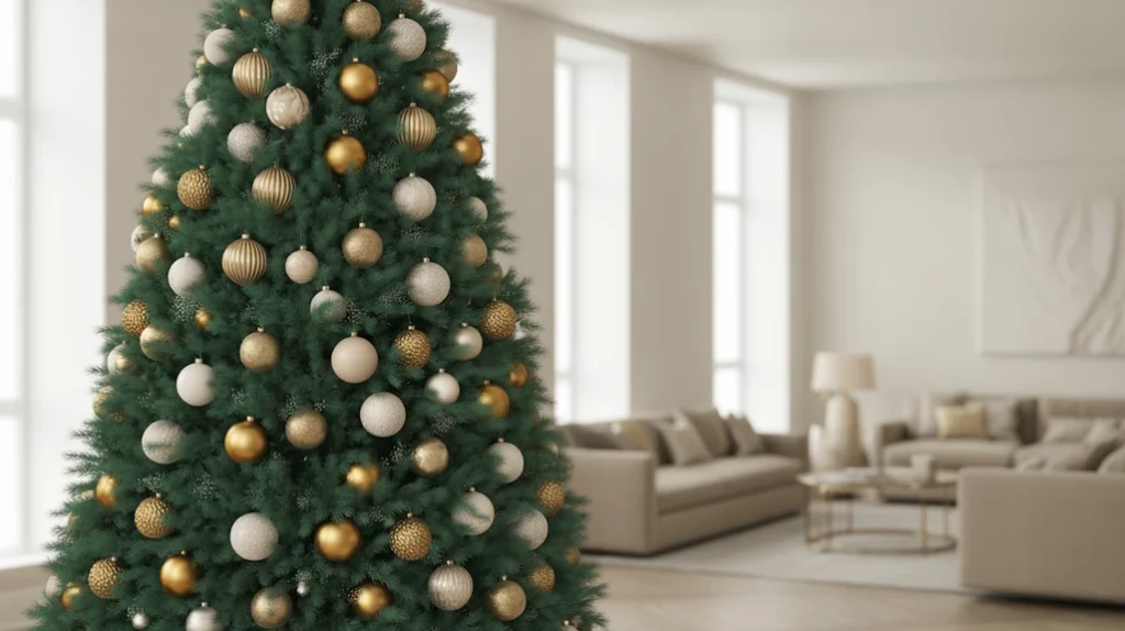 Cream and beige ornaments softening a rich green and gold holiday color palette.