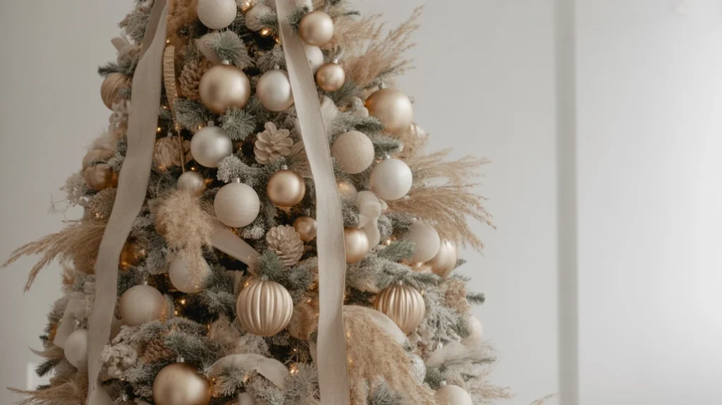 “neutral Christmas ornament palette with beige, gray, and white decor”
