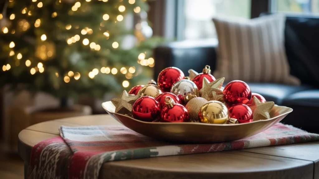 Glass bowl filled with ornaments on coffee table in Christmas living room