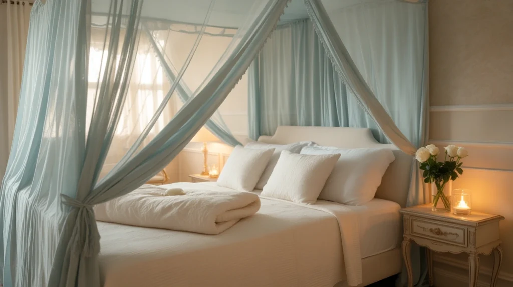 Light blue bedroom ideas paired with pastel pink and mint accents for a cheerful look.