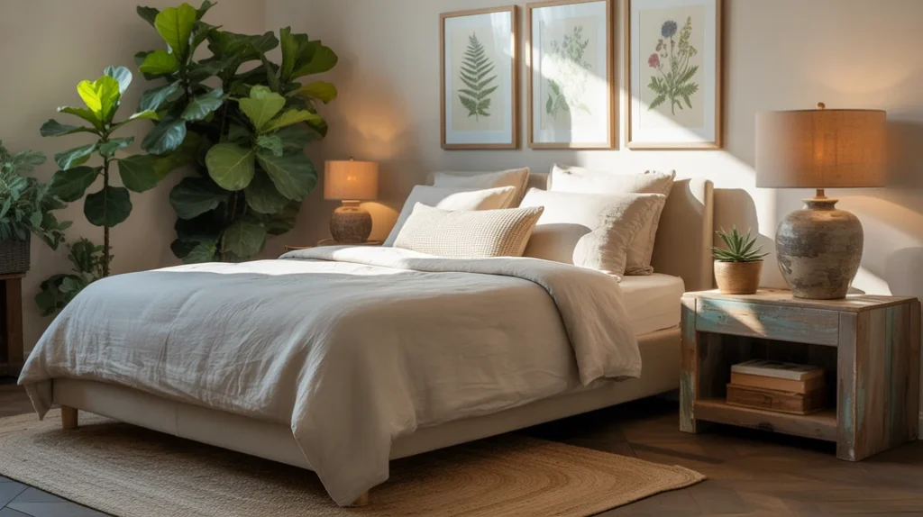 Rustic bedroom nature-inspired decor with plants, botanical prints, and wood furniture