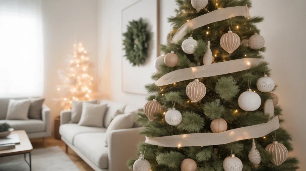 Scandinavian-inspired white Christmas tree with wooden stars and linen ribbons in a minimal home.