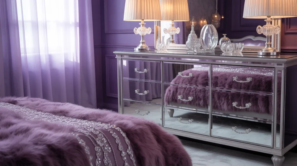 Silver lamps and mirrored dresser amplify light and elegance in glamorous purple bedroom ideas.