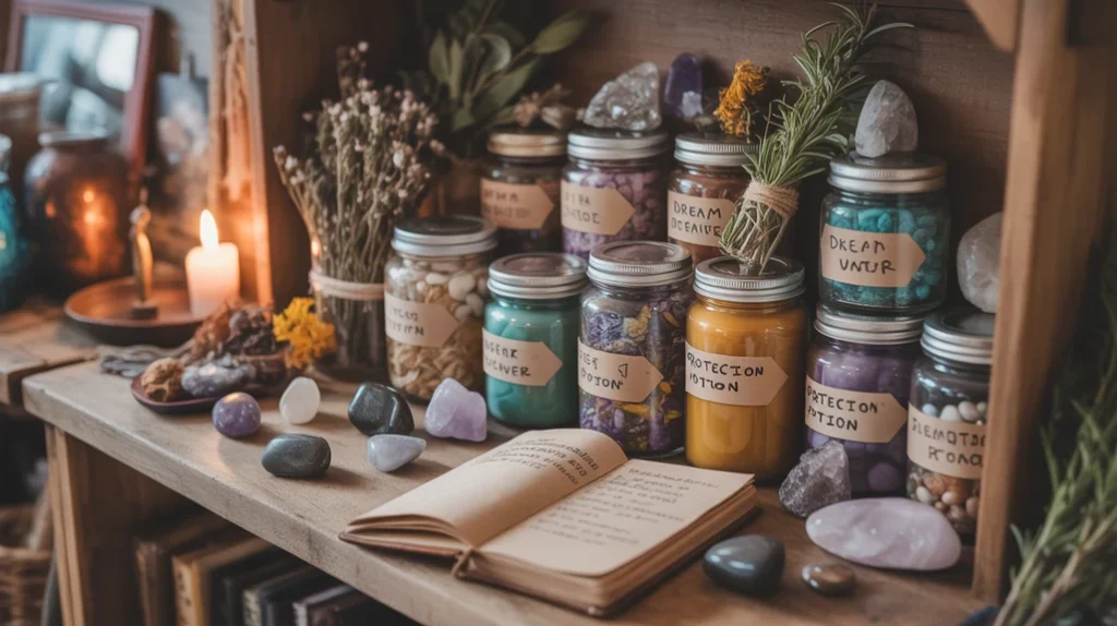 Spell jars and crystals on witchy bedroom shelf.