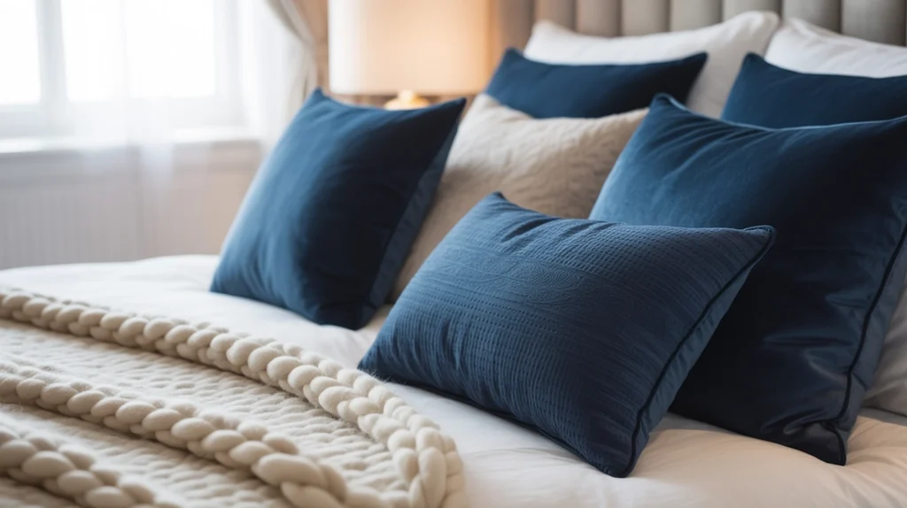 Navy blue throw pillows on a neutral bed, layered look.