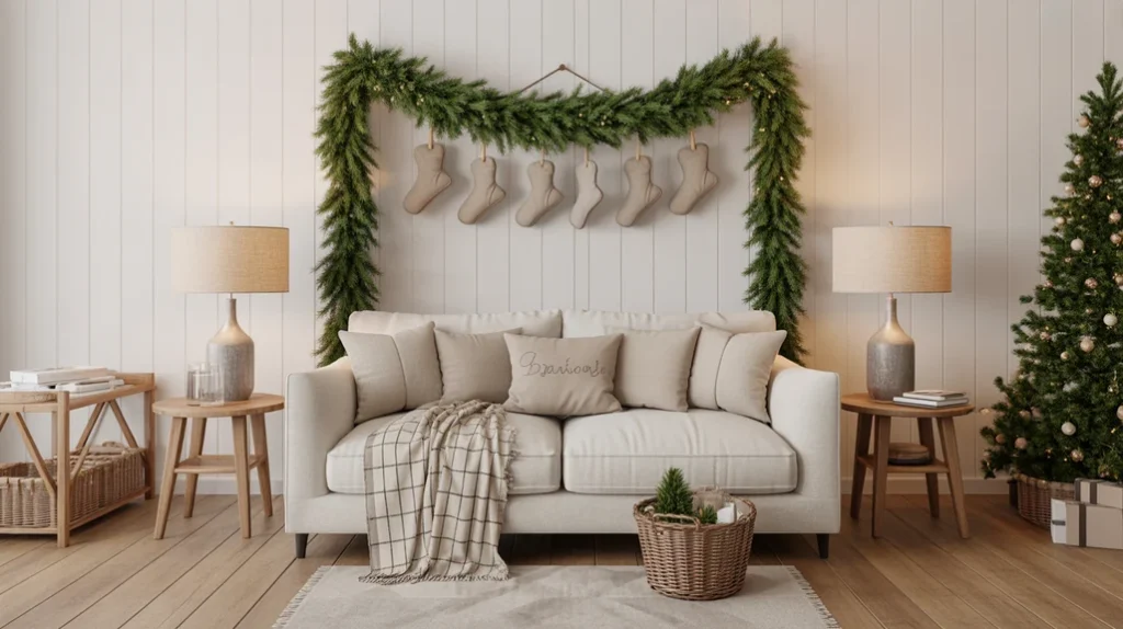 farmhouse Christmas living room with pine green garlands, cream accents, and rustic wood textures for cozy country charm.
