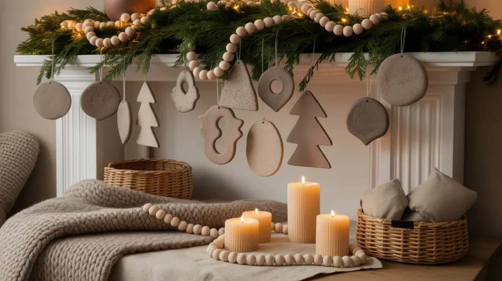 Mushroom and taupe Christmas palette — neutral Scandinavian color scheme with ceramic ornaments and wooden textures.