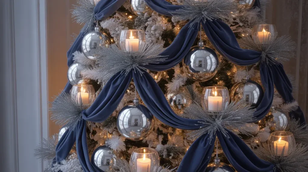 Royal navy and platinum silver Christmas tree featuring mirror-finish ornaments, navy velvet ribbons, and crystal candleholders for elegant winter décor.