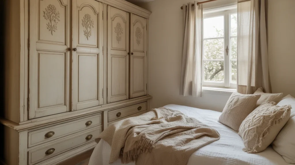 Built-in storage under the bed keeps cozy cottage bedroom ideas functional and clutter-free.