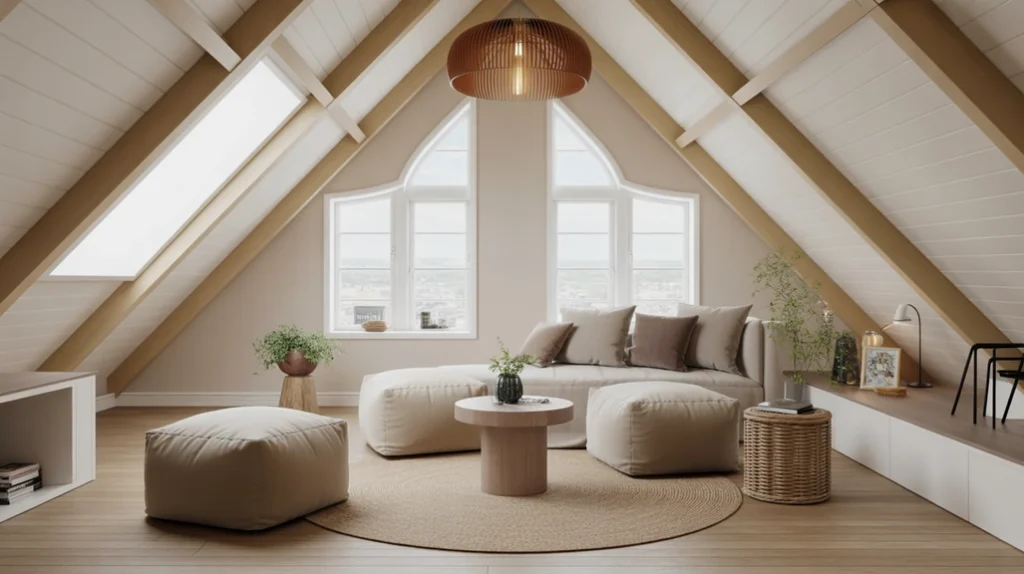 chic-attic-lounge-area – attic bedroom ideas with small chic lounge area for relaxation and comfort