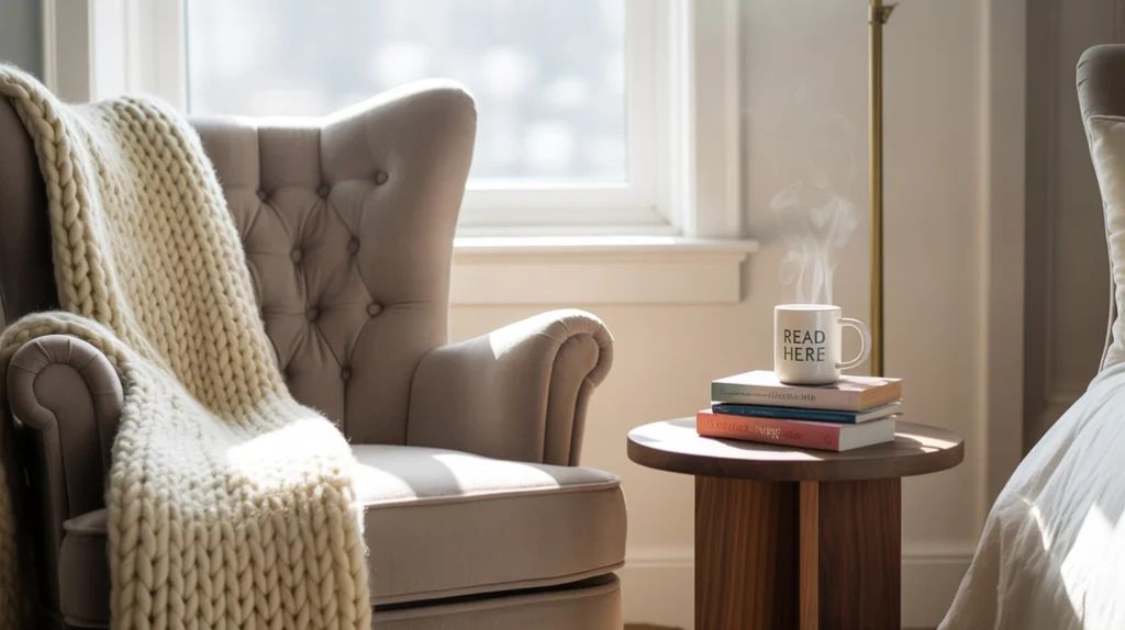 Cozy reading nook with armchair, knitted throw, lamp, and side table in bedroom