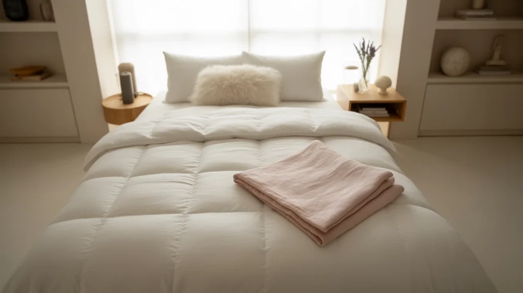 Romantic bedroom with decluttered simplicity and cozy elegant details.