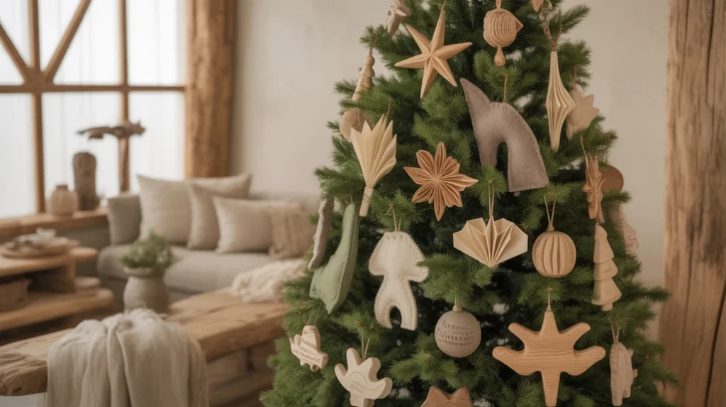 Sustainable minimalist Christmas tree decorated with wooden and felt eco-friendly ornaments.