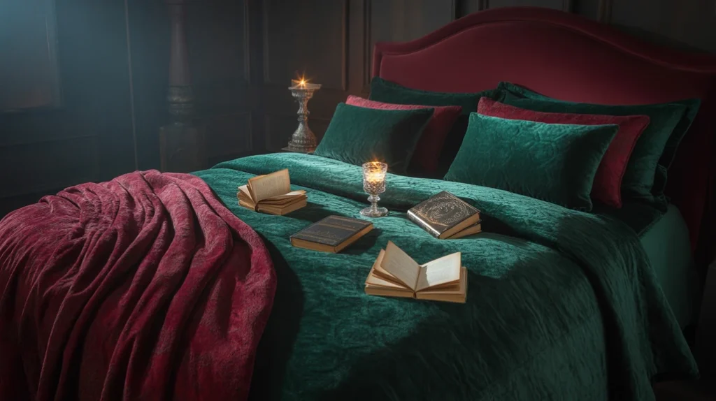 Cozy moody bedroom with soft throws in jewel tones.