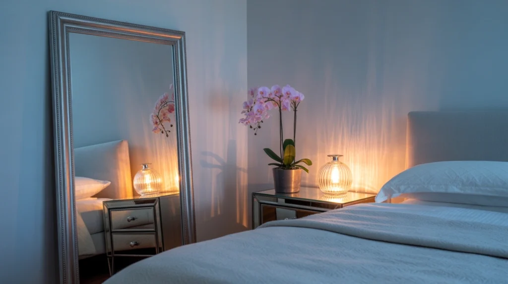 Romantic light blue bedroom with a sheer canopy curtain over a white bed.